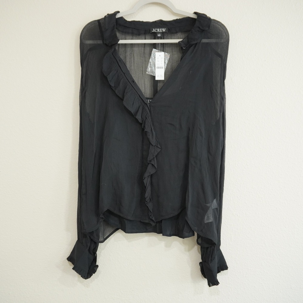 J. Crew Ruffle V-Neck Sheer Cupro Blouse Black Size 12 NEW Flowy Feminine
